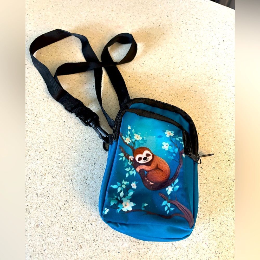 Blue Crossbody Camera Bag with Cute Sleeping Sloth Design